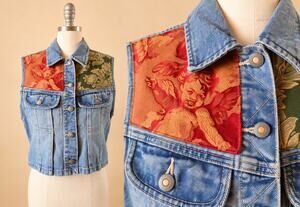 90s Handmade Cathy Owens Denim Vest Cherub Tapestry Patchwork Upcycled XS-S